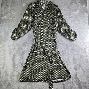 NY Collection Dress Womens 2X Olive‎ Green Beige Geometric Jersey Knit Belted
